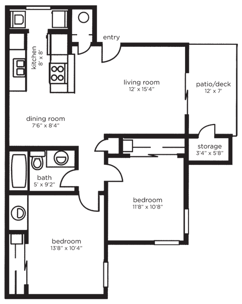 Floor plan for 2 beds, 1 bath, 852 sqft